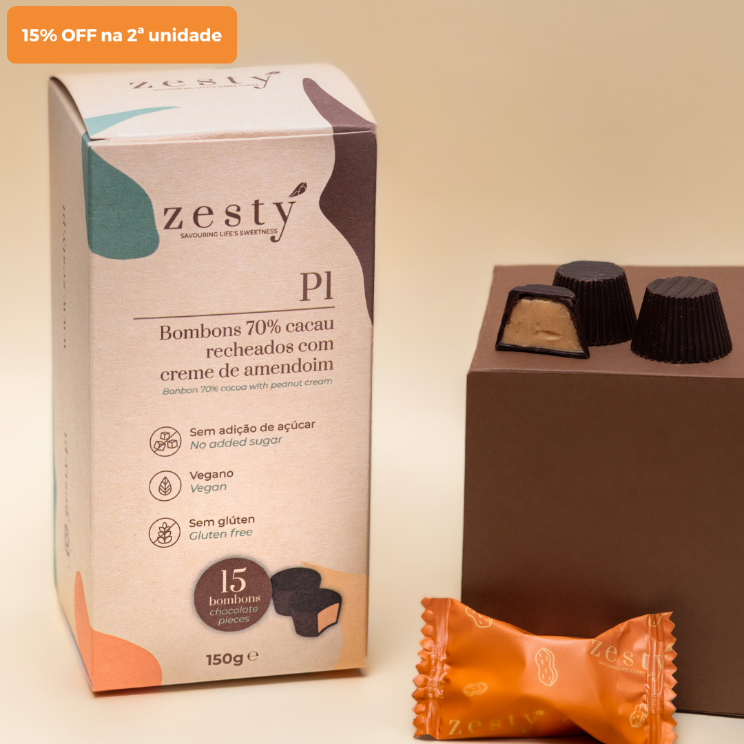 P1 Bombones de chocolate 70% cacao con crema de cacahuete (150g)
