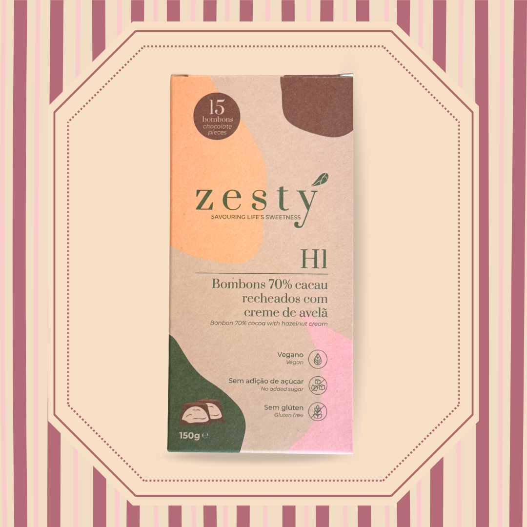 H1 Bombons de chocolate 70% cacau com creme de avelã (150g)
