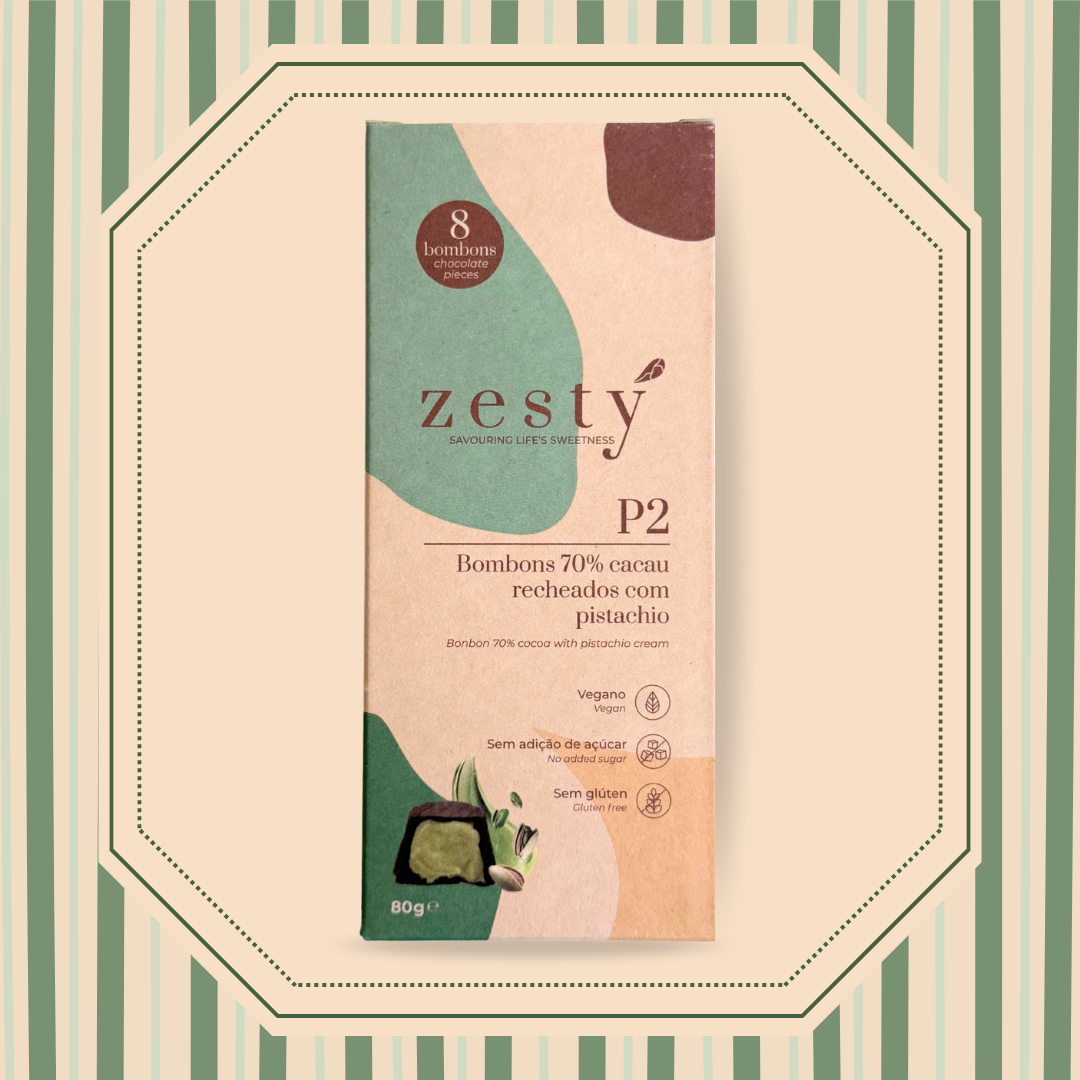 P2 Bombons de chocolate 70% cacau recheados com pistachio (80g)